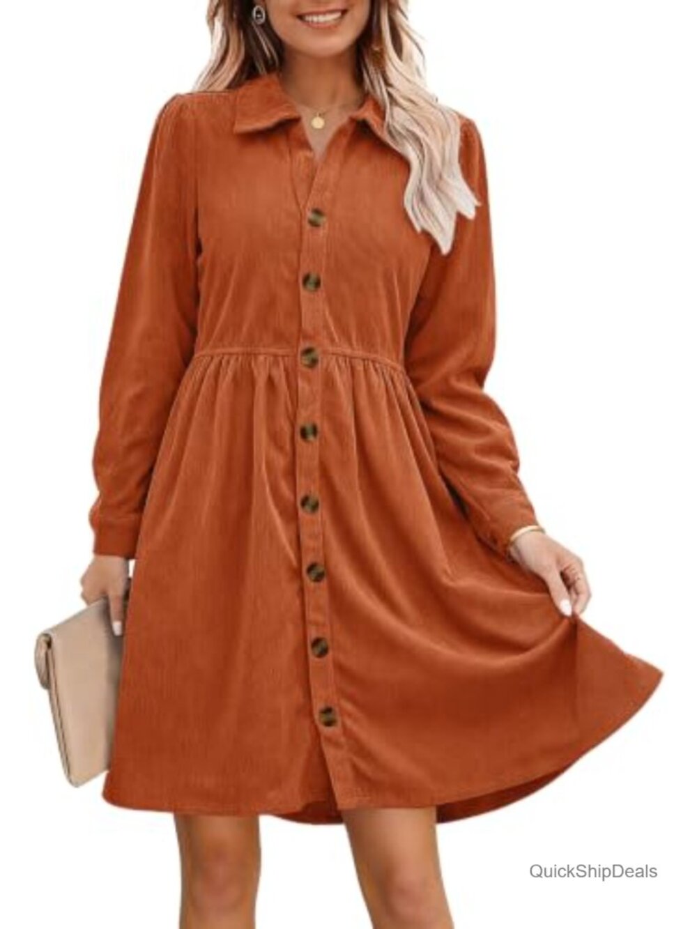 Corduroy Long Sleeve Button Down Tiered Back Short Work Dress with Pockets